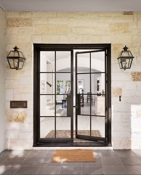 Black Steel Front Door. Front entry with black steel door, stone walls and… Steel French Doors, Metal Front Door, Iron Front Door, Steel Front Door, Iron Entry Doors, French Doors Exterior, Black Front Doors, Double Front Doors, Front Door Ideas