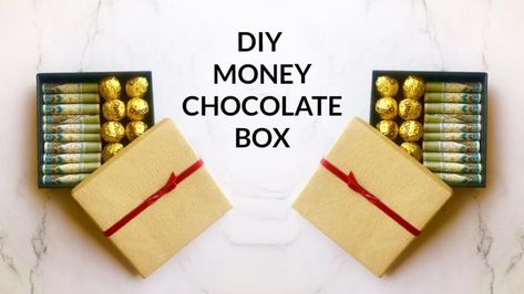 DIY money chocolate gift box Gift Box Ideas For Christmas, Diy Money Box Ideas, Money Gift Box Ideas, Money Box Wedding Diy, Fun Ways To Give Money, Money Box Diy, Money Box Ideas, Box Ideas Gift, Creative Ways To Give Money