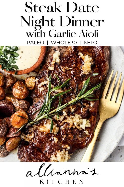 This New York Strip Steak date night dinner makes takeout steaks taste weak. In this recipe, i go through the step by step process on how to get your steak juicy on the inside, yet crispy on the outside. This well seasoned steak combined with the garlic aioli is oh so delicious. This meal is naturally paleo and whole30 friendly and can be modified to be keto friendly. #paleo #whole30 #keto #healthyrecipe #steak Paleo Steak Recipes, New York Steak Recipe, Ny Strip Steak Recipes, Steak Toppings, Seasoned Steak, Paleo Steak, Garlic Aioli Recipe, Sirloin Steak Recipes, Avocado Mayo