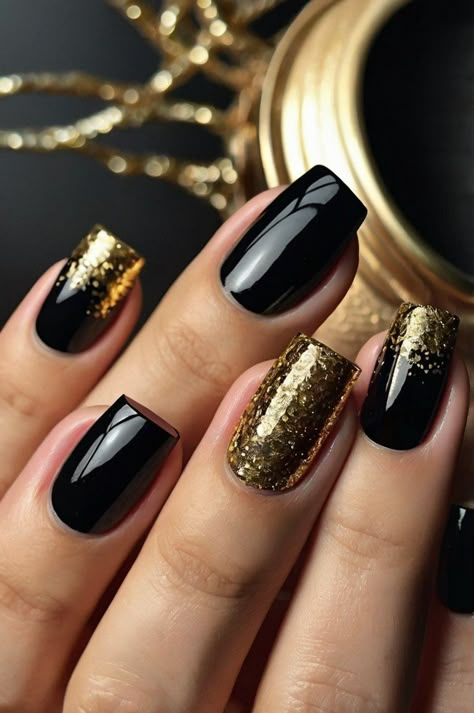 50+ New Year Nail Design - Cruise Ship Mania Festive Nails New Years, Ne Years Nails, New Year’s Eve Gel Nail Ideas, Black And Gold Nails For New Years, Black Nails With Sparkle Tips, New Year Nail Ideas 2025, Black And Gold Nails New Years, Black Gold Sparkle Nails, Ew Years Eve Nails