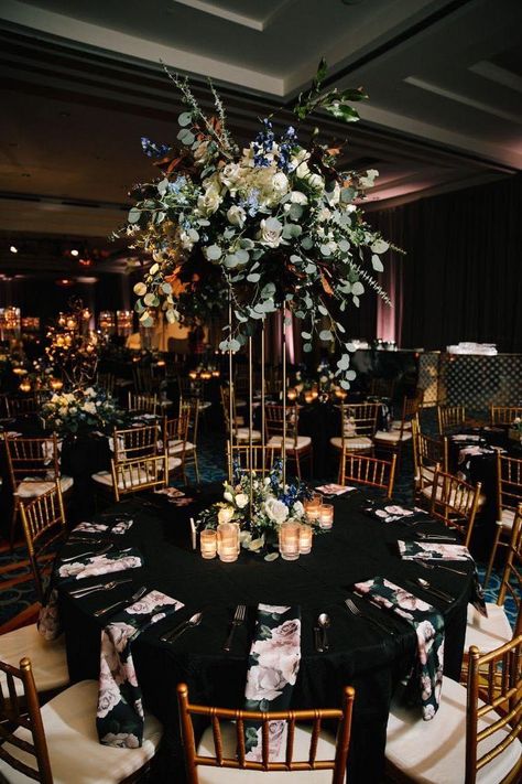 Emerald Green And Black Wedding Reception, Wedding Reception Ballroom Decor, Green Black And Gold Wedding Decor, Black Silver And Green Wedding, Green Black White Gray Wedding Decorations, Blue Green Gold Black Wedding, Black Linen Wedding Reception, Black Gold White Centerpieces, Black White Green Floral Arrangement