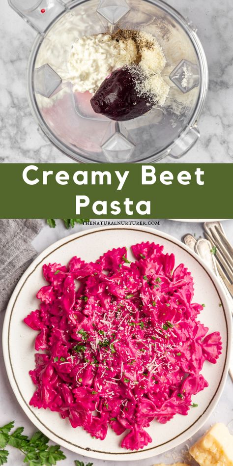 This Creamy Beet Pasta is delicious, beautiful, and comes together in just 15 minutes when you use precooked beets. #veggieloaded Beet And Feta Pasta, Beets And Cottage Cheese, Beet Pasta Sauce Recipe, Vegan Beet Pasta, Beet Ricotta Pasta, Beet Feta Pasta, Dinner With Beets, Beets Pasta Sauce, Beet And Goat Cheese Pasta