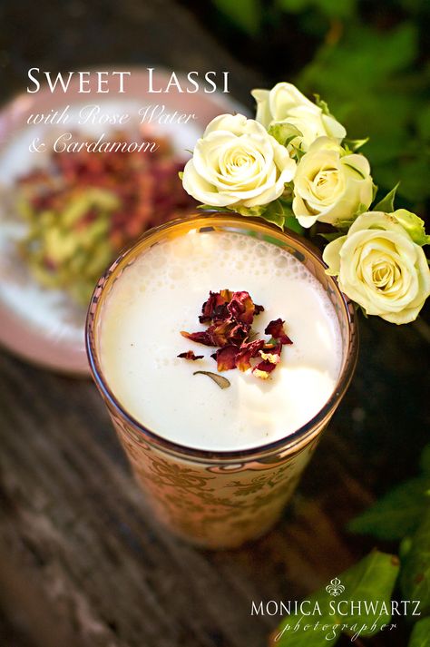 Rose Water Drink, Rose Water Cocktails, Drinks Alcohol Free, Rose Drinks, Cardamom Recipes, Sweet Lassi, Mango Lassi Recipes, Rose Drink, Cardamom Recipe