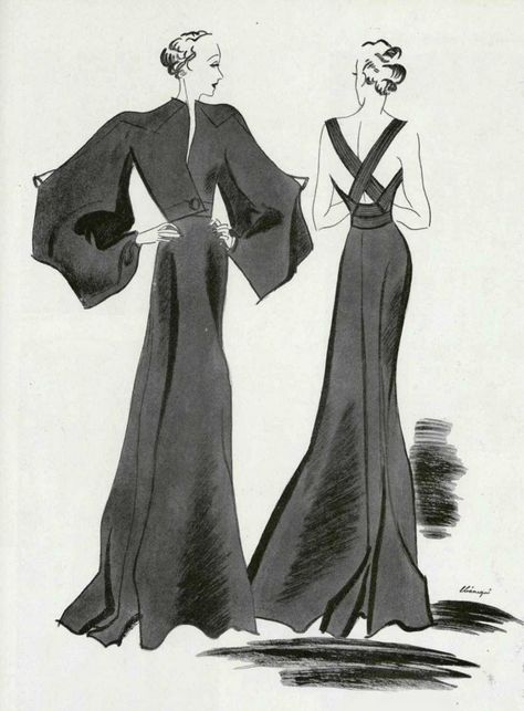 Wide Sleeve Pattern, Outfit Night Club, Vintage Fashion 1930s, Fashion Illustration Vintage, Jeanne Lanvin, 30s Fashion, 1930s Fashion, Fashion Art Illustration, 1940s Fashion