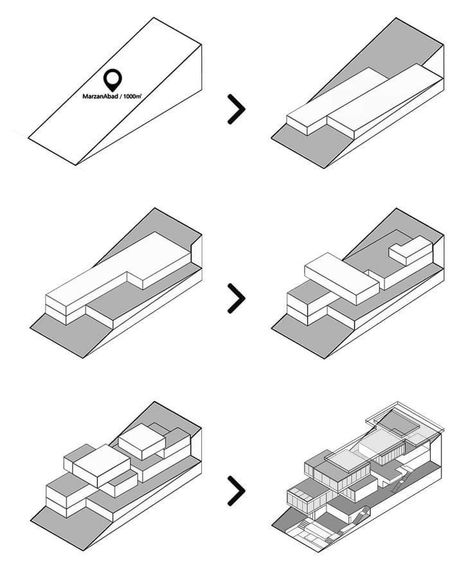 Massing Model Architecture Concept, Villa Concept Architecture, Sloping Architecture, Concept Models Architecture Student, Architectural Concept Diagram, Slope Villa, Massing Model Architecture, Concept Model Architecture, Architecture Massing