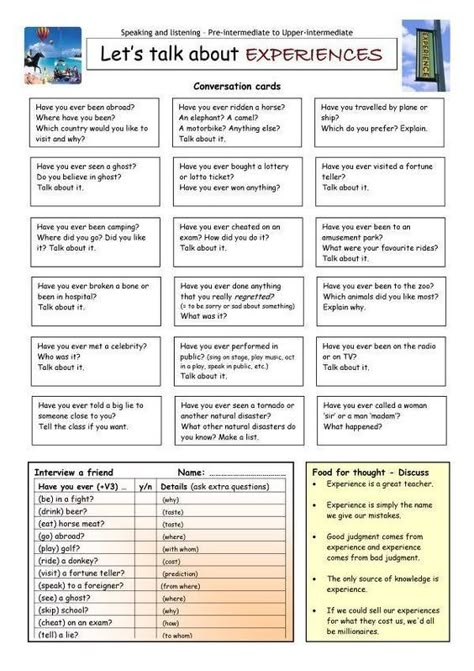 These are fun conversation cards about experiences. Have your students pick a card, read out the questions and answer them. Speaking Topics, Speaking Activities English, Speaking Cards, Esl Grammar, English Teaching Materials, Teaching English Online, English Conversation, Conversation Topics, Conversation Cards