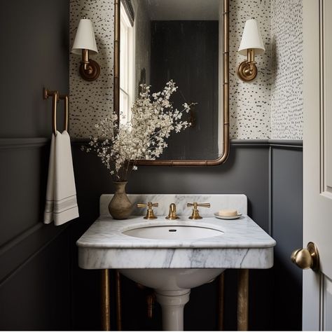 Powder Room Console Sink, Craftsman Style Powder Room, Small Moody Powder Room Ideas, Paneled Powder Room, Mcgee And Co Powder Room, Chair Rail Powder Room, Understairs Bathroom Decor, Black Bathroom With Wallpaper, Powder Room Trim Ideas