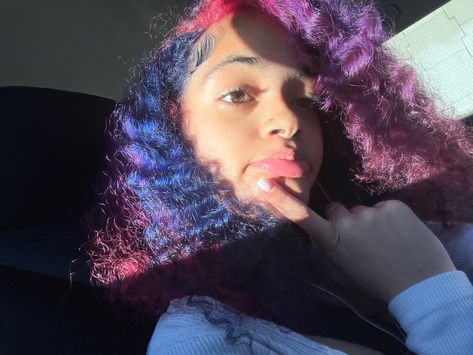 Pink And Blue Hair Aesthetic, Women Dyed Hair, Good Hair Colors, Dyed Roots, Blurple Hair, Pink Purple Blue Hair, Colors To Dye My Hair, Curly Hair Dyed, Dyed Hair Colors