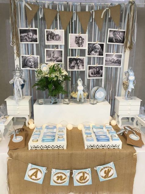 Shabby Chic boy | CatchMyParty.com Boy Baptism Party, Baptism Party Boy, Baptism Decorations Boy, Baptism Themes, Baptism Party Decorations, Ideas Bautizo, Baptism Party Ideas, Bautizo Ideas, Dedication Ideas