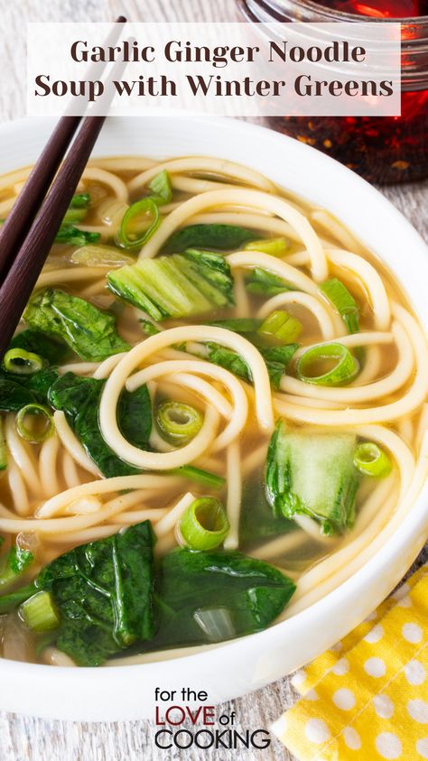 This healthy and aromatic garlic ginger noodle soup with winter greens is on the table in 30 minutes and is perfect for the cold and flu season!     #recipes #soup #noodlesoup #recipe #gingergarlic #bokchoy #spinach #vegetarianrecipes #soupseason Garlic Broth, Spinach Noodles, Natural Remedies For Headaches, Asian Soup Noodle, Remedies For Headaches, Nelson Family, Season Recipes, Winter Soup Recipe, Ginger Soup