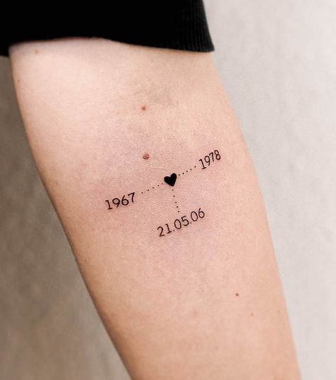 38 Mom Dad Tattoos To Honor Their Love Tattoos For First Time Moms, Moms Birth Year Tattoo, Tattoo Ideas Family Tree, Women Family Tattoos, Kids Birth Year Tattoo Ideas, Family Birth Year Tattoo Ideas, Small Tattoos For Family Members, Family Of Three Tattoo Ideas, Family Birthday Tattoos