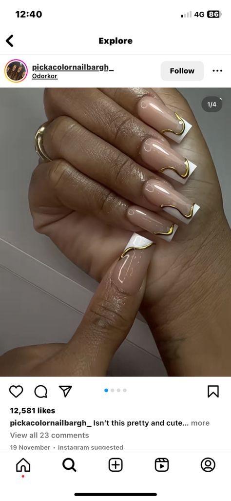 Hoco Nail Ideas Square, French Nail Designs With Gold, White Croc Nail Design, Grad Nail Ideas Simple, Gold And French Tip Nails, Gold And Silver French Tip Nails, White Tip Nail Designs Ideas, Gold Frenchies Nails, White French Tips With Gold Line