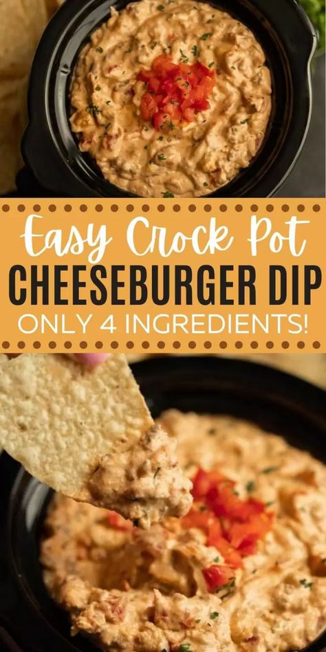 Crockpot cheeseburger dip recipe - only 4 ingredients Slow Cooker Hamburger Dip, Crock Pot Cheeseburger Dip, Burger Cheese Dip, Keto Crockpot Dips, Cheese Burger Dip Crockpot, Party Crockpot Recipes Appetizers, Cream Cheese Hamburger Dip, Hamburger And Cheese Dip, Cheese Hamburger Dip