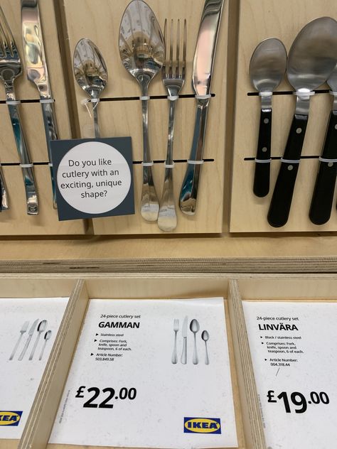 Cutlery Display, Ikea Inspo, Shop Kitchen, Packaging Ideas, Cutlery Set, Nice Things, Flatware Tray, Visual Merchandising, Showcase Design