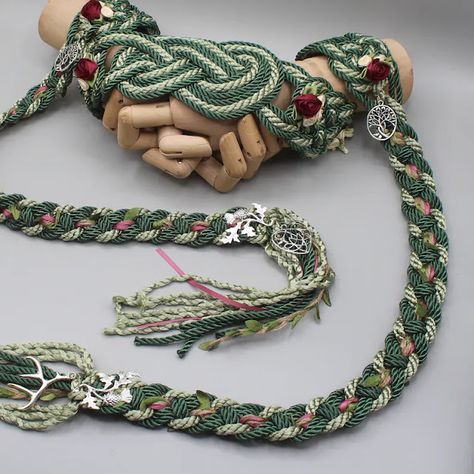 Handfasting Cord - Celtic 'Nine Knots' Design - Green with floral roses - Custom Infinity Love Knot wedding handtying cord/ribbon/rope/sash Handfasting Cord Colors, Hand Fastening Wedding, Celtic Wedding Decor, Handfasting Ceremony Cords, Hand Tying Ceremony, Diy Handfasting Cords, Hobbit Themed Wedding, Knot Tying Ceremony, Very Small Wedding Ideas