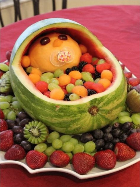 Beautiful Baby Shower Fruit Bowls And Presentation Ideas - Tulamama Baby Shower Fruit Tray, Watermelon Baby Carriage, Carved Fruit, Baby Shower Watermelon, Baby Shower Fruit, Fruit Baby, Watermelon Baby, Watermelon Carving