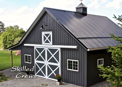 Black Barns Exterior, Pole Barn Horse Barns, Barn Siding Exterior, Pole Barn Exterior Ideas, Metal Barn Colors Scheme Exterior, Cupolas On Barns, Pole Barn Colors Scheme Exterior, Barn Colors Exterior, Barn Colors Scheme Exterior