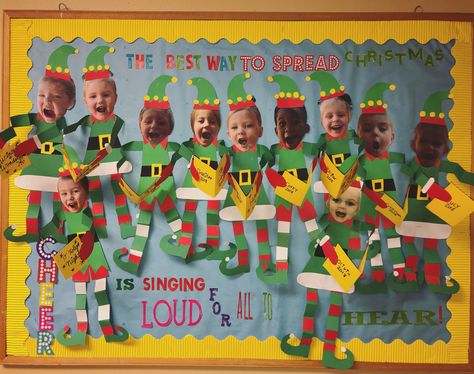 Elf Christmas bulletin board. “The best way to spread Christmas cheer is singing loud for all to hear! 💚🎶❤️ Christmas Classroom Art Projects, Christmas Holiday Bulletin Boards For School, Christmas Pre K Bulletin Board, Elf Bulletin Boards For Preschool, Christmas In The Classroom Decorations, Christmas Teacher Bulletin Board, Christmas Class Bulletin Boards, Christmas Teacher Board Ideas, Elf Movie Bulletin Board