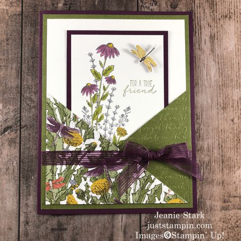 Dragonfly Garden Pocket Card | Just Stampin' Garden Cards Handmade, Stampin Up Pocket Cards, Dragonfly Stampin Up Cards, Dandy Garden Stampin Up Cards, Dragonfly Cards Handmade, Triangle Pocket Fun Fold Card, Triangle Pocket Card, Stampin Up Thank You Cards, Dragon Fly Garden Stampin Up Cards