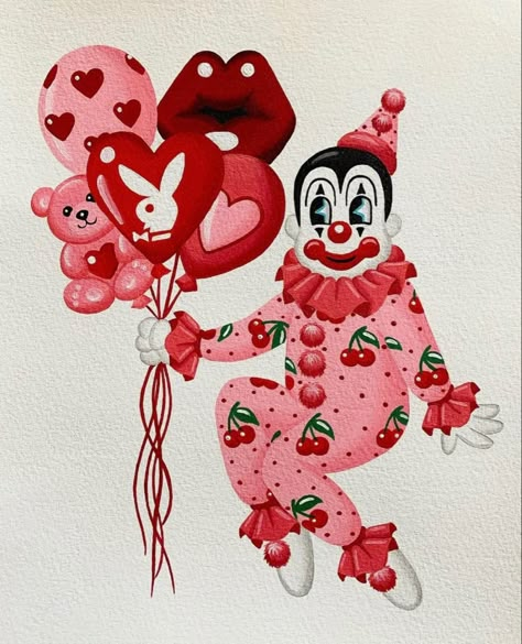 Vintage Clown Drawing, Lovecore Art Drawing, Love Clown, Valentines Prints, Last Minute Valentines, Clown Paintings, Vintage Halloween Art, Betty Boop Art, Cute Clown