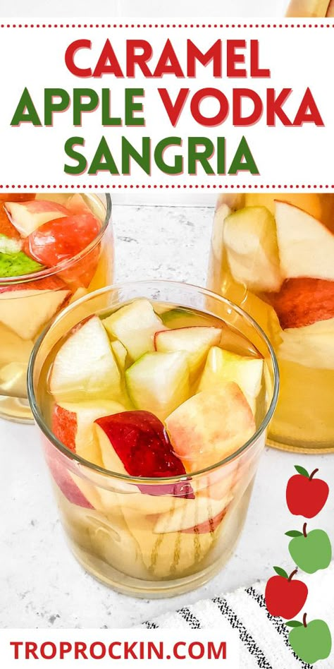 Caramel Apple Cider Sangria is a sweet and fruity white wine sangria. It's a perfect fall sangria to serve for Thanksgiving or for any fall party cocktail. Your guest will love this fall sangria! Cheers to Caramel Apple Cider Fall Sangria! Caramel Vodka Sangria, Easy Fall Sangria Recipes For A Crowd, Apple Cider Sangria With Caramel Vodka, Carmel Apple Sangria Recipes, Easy Fall Cocktails Vodka, Fall Vodka Cocktails For A Crowd, Fall Party Drinks Alcohol For A Crowd, Fall Sangria Recipes For A Crowd, Fall Drinks Alcohol For A Crowd