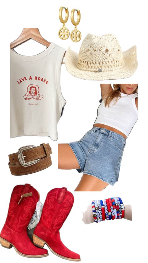 Red white and blue outfit. Red cowgirl boots white shirt with boho cowgirl hat and charm bracelets Ootd Red, Fourth Of July Outfit, July Outfits, Western Women, 4th Of July Outfits, Cowgirl Western, Country Outfits, Red White Blue, Fourth Of July