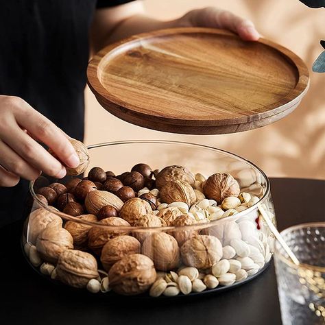 Glass Candy and Nuts Serving Container with Wooden Lid: https://amzn.to/3E11Jzn Assiette Design, Dried Fruit Snacks, Wooden Cake Stands, Wooden Cake, Fruit Storage, Snack Storage, Snack Bowls, Food Display, Glass Food Storage