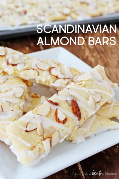 Scandinavian almond bars are easy to make in large batches for the holidays. Make them as Christmas gifts and share with friends! | www.ifyougiveablondeakitchen.com via @haleydwilliams Almond Desserts, Almond Bars, Norwegian Food, Almond Extract, Scandinavian Food, Vanilla Glaze, Swedish Recipes, Cookie Bar Recipes, Almond Cookies