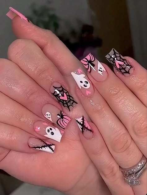 #aesthetic #pink #nails #halloween #nailart #nailsofinstagram #naildesign #nailinstagram #nailidea Halloween Nail Designs Medium Length, Medium Length Halloween Nails, Heart Spider Web, Heart Spider, Mani Ideas, Halloween Acrylic Nails, Punk Nails, Gel Mani, Girly Acrylic Nails