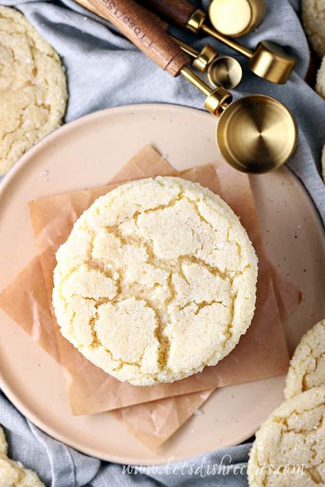 Chewy Bakery Style Sugar Cookies Recipe -- These chewy, drop-style sugar cookies require no chilling, so they're quick and easy to make, and always a favorite. Rolling them in sanding sugar before baking give them a bit of sparkle and a crunchy texture that everyone loves. #baking #cookies #sugarcookies Subway Sugar Cookie Recipe, Best Chewy Sugar Cookies, Jumbo Sugar Cookies, Thick Bakery Style Cookies, Paradise Bakery Sugar Cookie Recipe, Bakery Sugar Cookie Recipe, Potbelly Sugar Cookie Recipe, Bakery Style Sugar Cookie Recipe, Sugar Drop Cookies