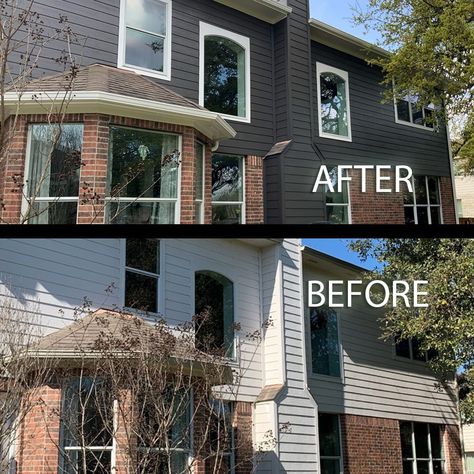 Brick House Siding, Dark Exterior House Colors, Brick Colonial House, Dark Siding, Dark Exterior House, Red Brick House Exterior, Red Brick Exteriors, Exterior Siding Colors, Urbane Bronze