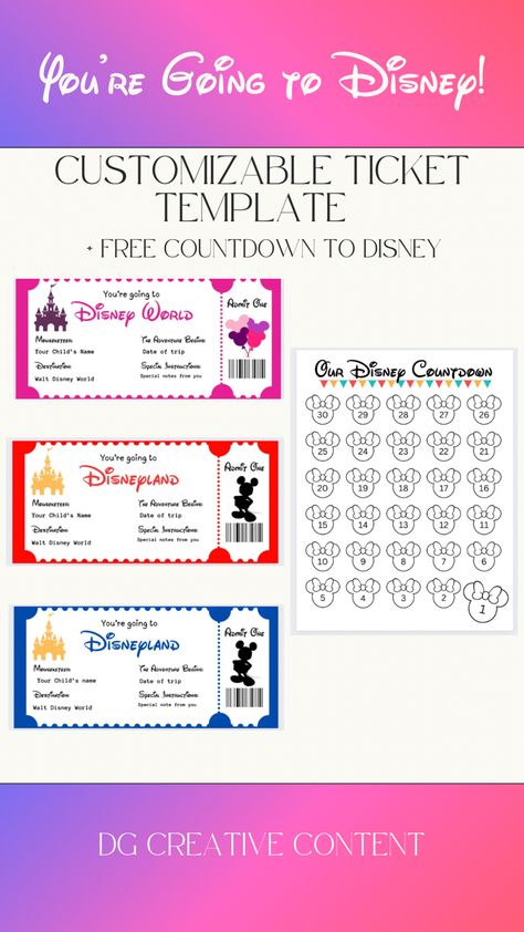 Disneyland Tickets Printable Free, Disney Tickets Printable Free, Tickets Printable Free, Disneyland Countdown, Disneyland 2025, Disney Ticket, Countdown To Disney, Tickets Printable, Ticket Template Free