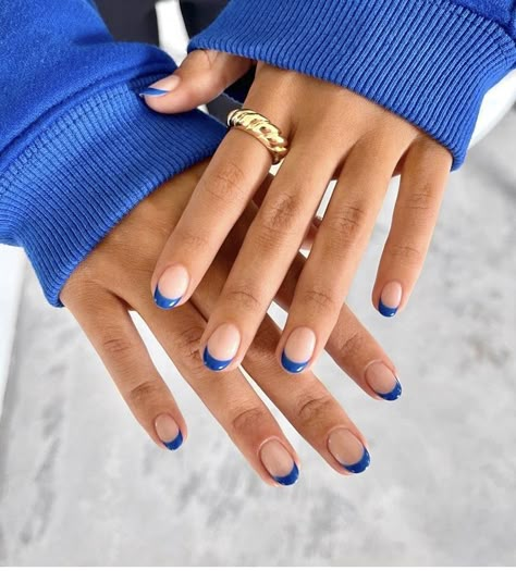 French With Blue Tips, Short Blue French Tip Nails, Royal Blue French Tips, Navy French Tip Nails, French Manicure Blue, Royal Blue French Tip Nails, Debs Nails, Blue French Manicure, French Bleu