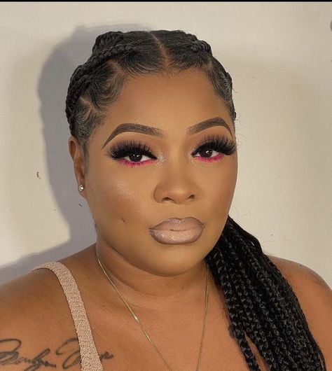 Makeup Look Ideas Black Women, Soft Glam Valentine Makeup, Pink Undereye Makeup Looks, Dramatic Glam Makeup Black Women, Eyeshadow Looks Under Eye, Prom Makeup Black Women Pink, Birthday Glam Makeup Black Women Pink, Makeup With Pink Under Eye, Fuschia Makeup Black Women