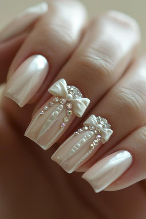 Feminine Ribbon Accent Bridal Nails Vintage Wedding Nails For Bride, Wedding Nailart Bride, Country Wedding Nails For Bride, Bride Nails 2024, Nail Bride Wedding, Wedding Nail Designs For Bride 2024, Nail Wedding For Bride, Romantic Nails Brides, Wedding Nails For Bride Pearl