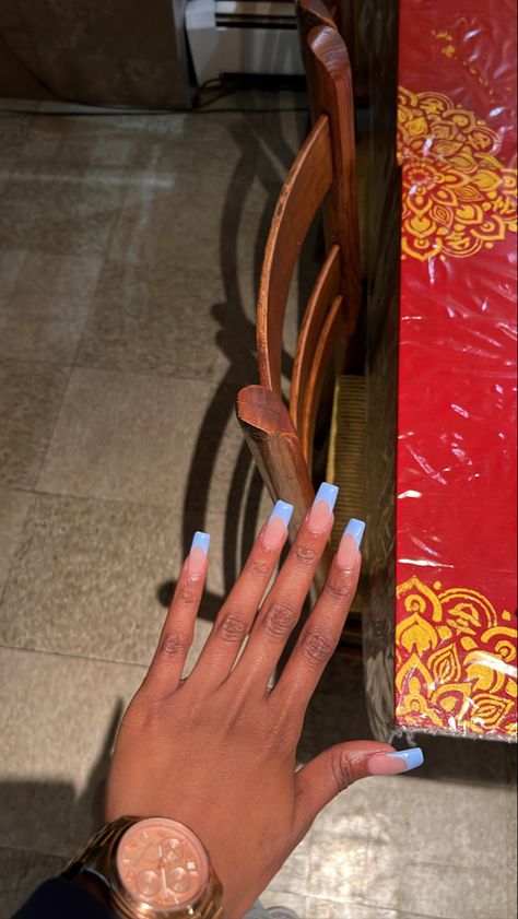 Long Blue Tip Nails, Sky Blue Tips Nails, Light Blue Tips Acrylic Nails, Light Blue Nails Acrylic French Tip, Opposite French Tip Nails, Blue Acrylic Christmas Nails, Light Blue French Tips Coffin, Blue Tip Nails Square, Sky Blue Nails French Tip