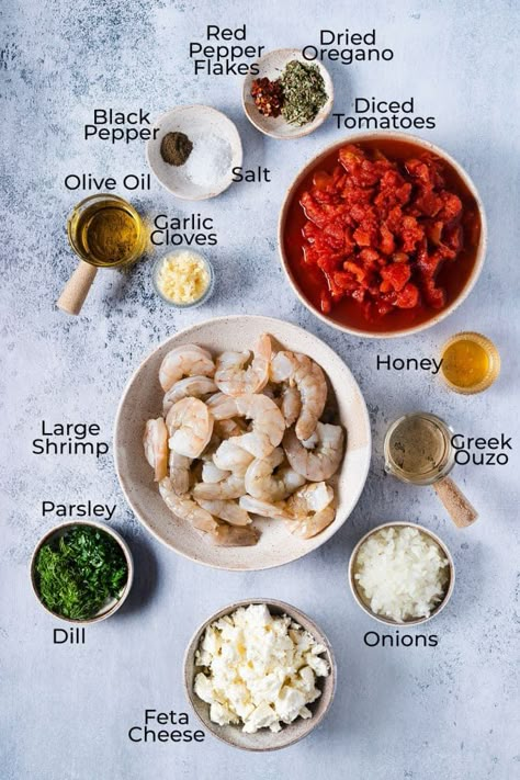 Shrimp Saganaki With Feta, Greek Shrimp Recipes, Saganaki Shrimp, Cheese Saganaki, Meal Prep Dinner Ideas, Shrimp Saganaki, Missing From Me, Saganaki Recipe, Ingredient Prep