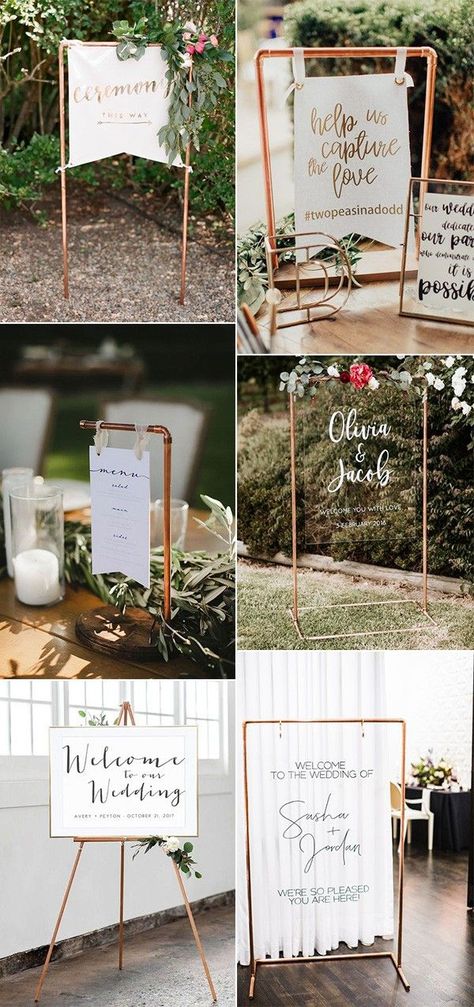 trending wedding sign ideas with copper pipe Copper Table Decorations Wedding, Copper Pipe Wedding Sign, Copper Centerpiece Wedding, Copper Wedding Sign, Copper Wedding Centerpieces, Copper Wedding Details, Copper Wedding Colors, Copper Wedding Invitations, Copper Wedding Decor