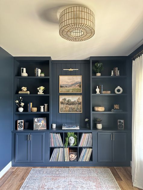 Timber & Hive – Mel & Ty Blue Bookshelves, Kitchen Feature Wall, Blue Bookcase, Diy Shelf, Built In Shelves Living Room, Built In Cabinet, Media Wall, Upper Cabinets, Home Lifestyle