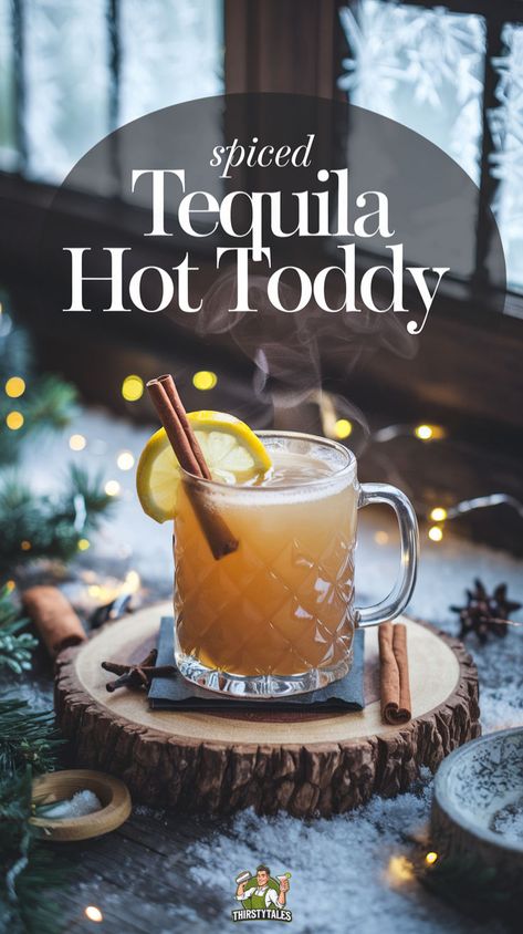 "Warm up with this delightful Spiced Tequila Hot Toddy Cocktail Recipe! Perfect for chilly evenings, this comforting drink combines smooth tequila with honey, cinnamon, and spices for a unique twist on the classic hot toddy. Ideal for cozy nights in or as a soothing beverage for colds, this hot toddy recipe is a must-try. Discover more cocktail recipes featuring tequila and elevate your drink game with this delicious hot toddy recipe." Tequila Hot Toddy, Brandy Hot Toddy Recipe, Holiday Cocktails Tequila, Hot Alcoholic Drinks Cold Weather, Hot Toddy Recipe Whiskey, Warm Cocktails Alcohol, Hotty Toddy Drink, Cabin Cocktails, Christmas Beverages Alcoholic