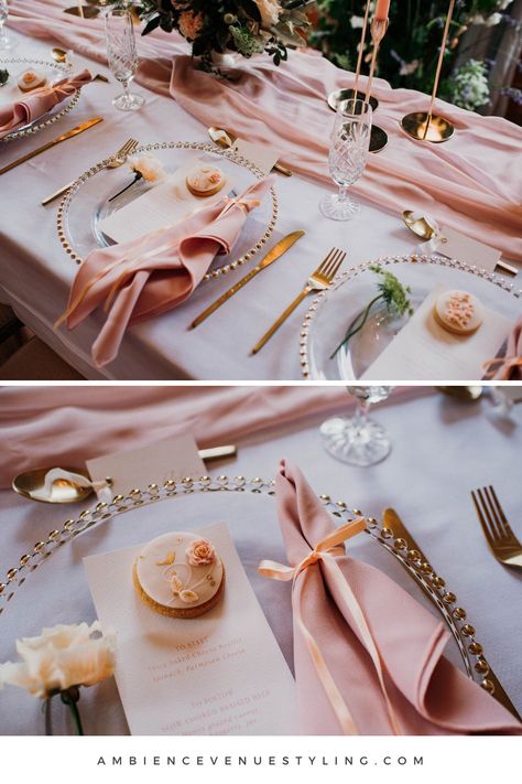 Blush Plates Wedding, Pink And Beige Table Setting, Shades Of Pink Table Setting, Pink Charger Plates Place Settings, Dusty Pink Table Setting, Pink Charger Plates, Pink Table Setting Ideas, Gold Beaded Charger Plates Wedding, Wedding Table Napkin Ideas