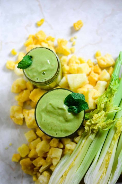 Make this simple celery smoothie with apple, pineapple, and mint! This is such a tasty wholesome snack! Smoothie With Apple, Celery Pineapple Smoothie, Green Apple Celery Cucumber, Celery And Pineapple Juice Benefits, Celery Apple Juice Recipe, Celery Kale Apple Ginger Cucumber Smoothie, Celery Smoothie, Wholesome Snacks, Pineapple Smoothie