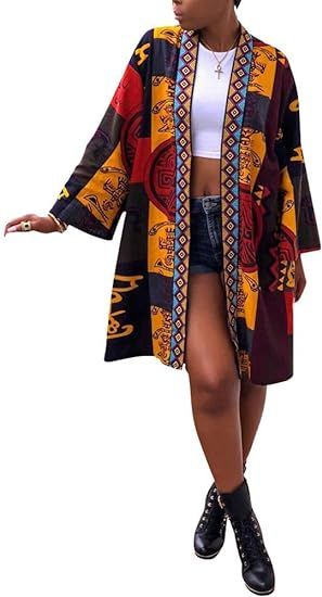 Amazon.com: Women's Casual African Geometric Patterns Print Long Sleeve Open Front Long Blouse Loose Tops Outwear Jacket Coat Multicolor : Clothing, Shoes & Jewelry African Clothing Styles Woman, African Jacket, African Print Jacket, African Print Tops, Mode Kimono, Mode Boho, African Inspired Fashion, African Print Dresses, African Clothing Styles