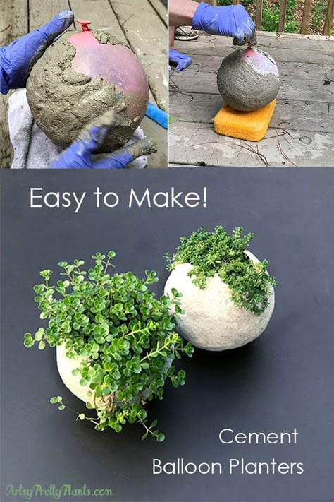 How to make really cool round planters with cement. Mold the cement (don't use concrete) around a balloon to get the round shape. This detailed tutorial for making a DIY cement balloon planter is actually easy and so much fun. Cement Projects, Diy Cement, نباتات منزلية, Cement Diy, Concrete Diy Projects, Cement Art, Deco Nature, Concrete Ideas, Cement Planters