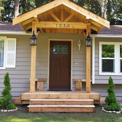 Love this front porch!! Small Gable Front Porch, Front Wooden Porch Ideas, Front Porch Framing Ideas, Front Porch Ideas With No Roof, Small Porch Awning Ideas, Small Front Porch Cover Ideas, Outside House Design Front Porches, Wood Deck Front Porch, Roof Over Front Porch