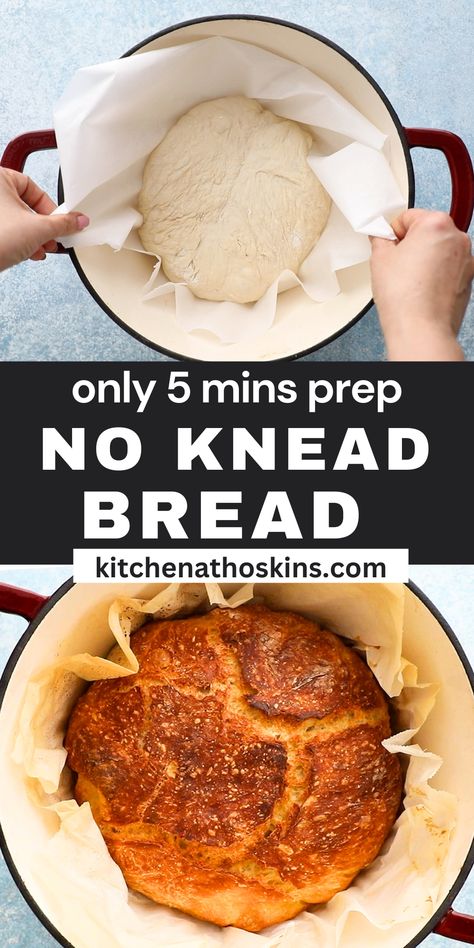 No Knead Dutch Oven Bread has a perfectly crusty texture and a soft, chewy crumb. With just 5 minutes of prep, there is no kneading and it looks like artisan loaf, but made with no effort - The easiest bread you'll ever make! Quick No Knead Bread Dutch Ovens, Crusty Bread Recipe Dutch Oven, Easy Loaf Bread, Easy Dutch Oven Bread, No Knead Dutch Oven Bread, Easy No Knead Bread, Quick And Easy Side Dishes, Easy Dinner Side Dishes, No Knead Bread Recipe