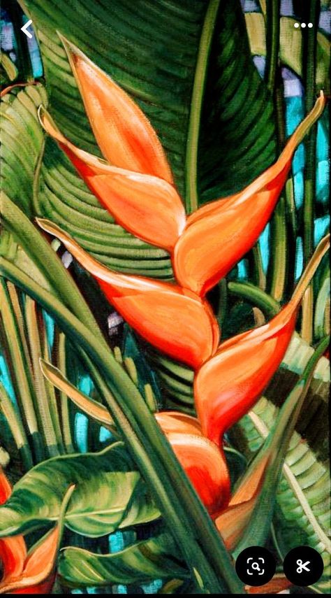 Heliconia Painting, Tropical Plants Painting, Exotic Paintings, Heliconia Flower, Water Paintings, Sky Art Painting, Caribbean Art, Flower Art Drawing, Canvas Drawings