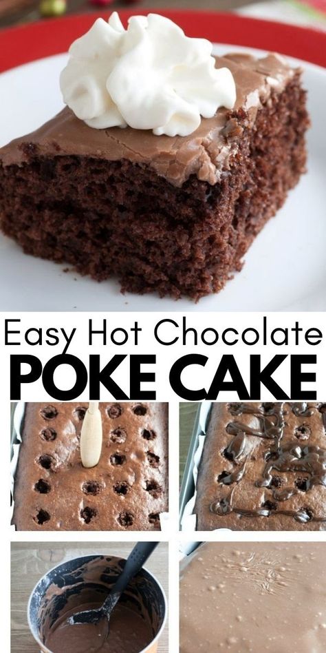 Easy Chocolate Dream Cake, Chocolate Poke Cake With Box Cake, Hot Coco Cake Recipe, Hot Cocoa Poke Cake Recipe, Hot Chocolate Poke Cake Recipe, Hot Chocolate Poke Cake, Hot Fudge Poke Cake, Chocolate Poke Cake Recipes, Hot Cocoa Cake Recipe