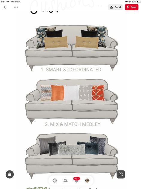 Sofa Cushions Arrangement, Cushion Arrangement, Designer Couch, Living Room Arrangements, Sofa Pillows Arrangement, Throw Pillows Living Room, Couch Design, Sofa Cushions, Trendy Living Rooms