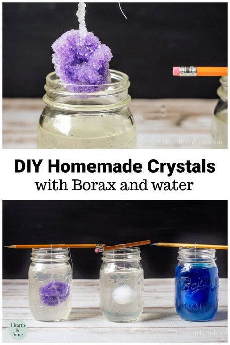 Learn how to make crystals with just a few ingredients at home for a fun experiment that gives you a pretty crystal to decorate with. Diy Crystals Without Borax How To Make, How To Make Crystals At Home, How To Make Borax Crystals, How To Grow Crystals, Borax Crystals Diy, Grandkid Crafts, Crystals At Home, Grow Crystals, Fun Chemistry